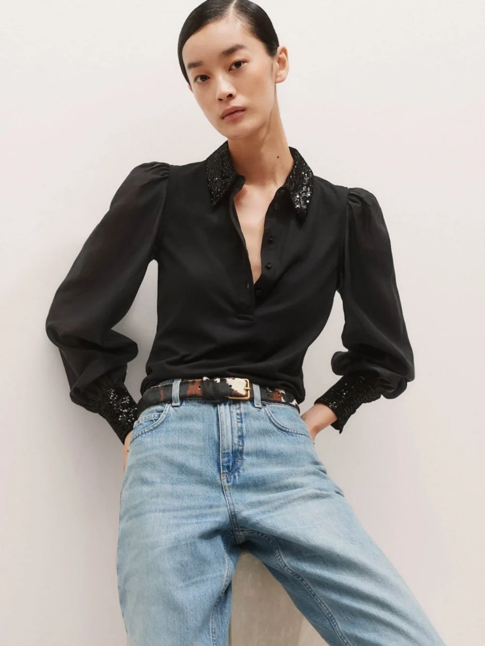 ME+EM Sequin Mixed Media Layering Shirt - Black Sz 12 - Picture 6 of 16